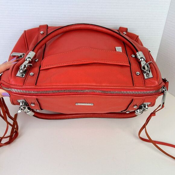 Rebecca Minkoff Cupid Satchel Crossbody Bag Orange Coral Leather Studded Pockets - Picture 6 of 16